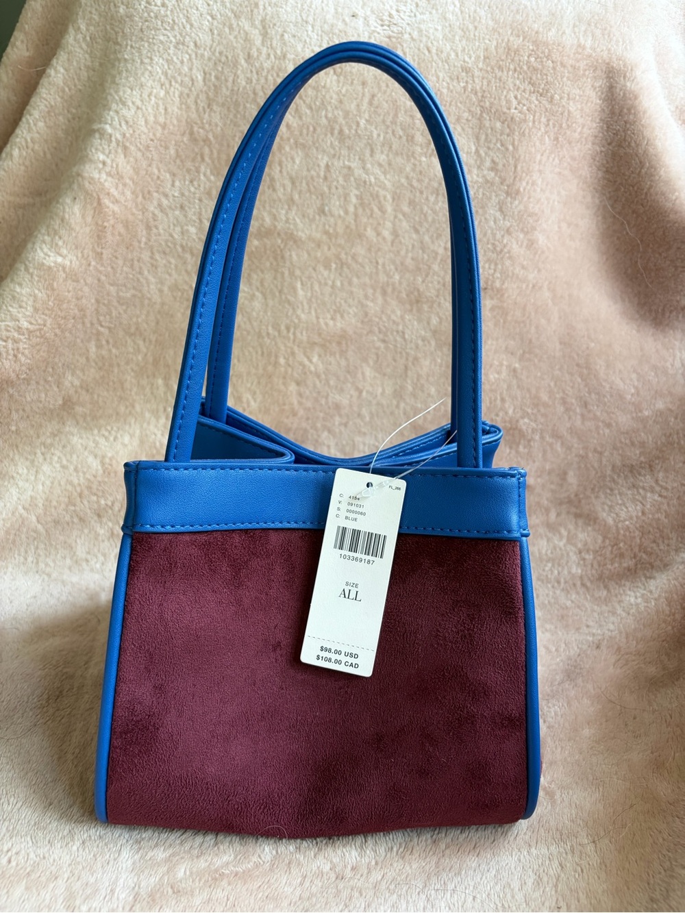 Anthropologie Blue Trim Burgundy Suede Handbag - Picture 2 of 9